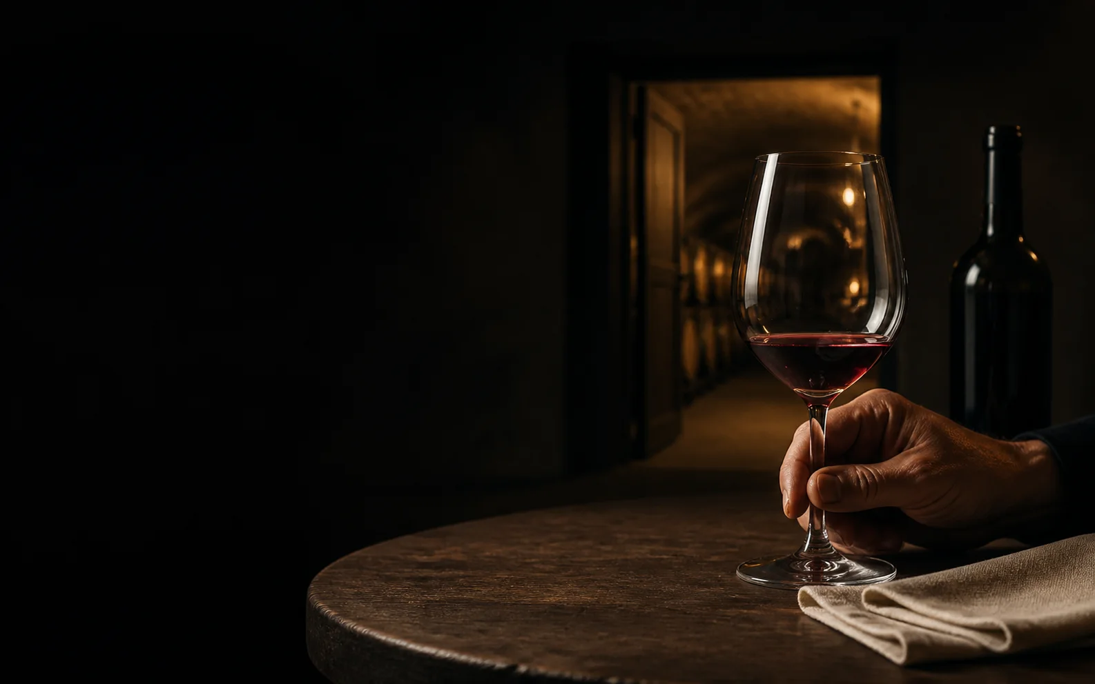A glass of red wine held at a quiet cellar tasting table