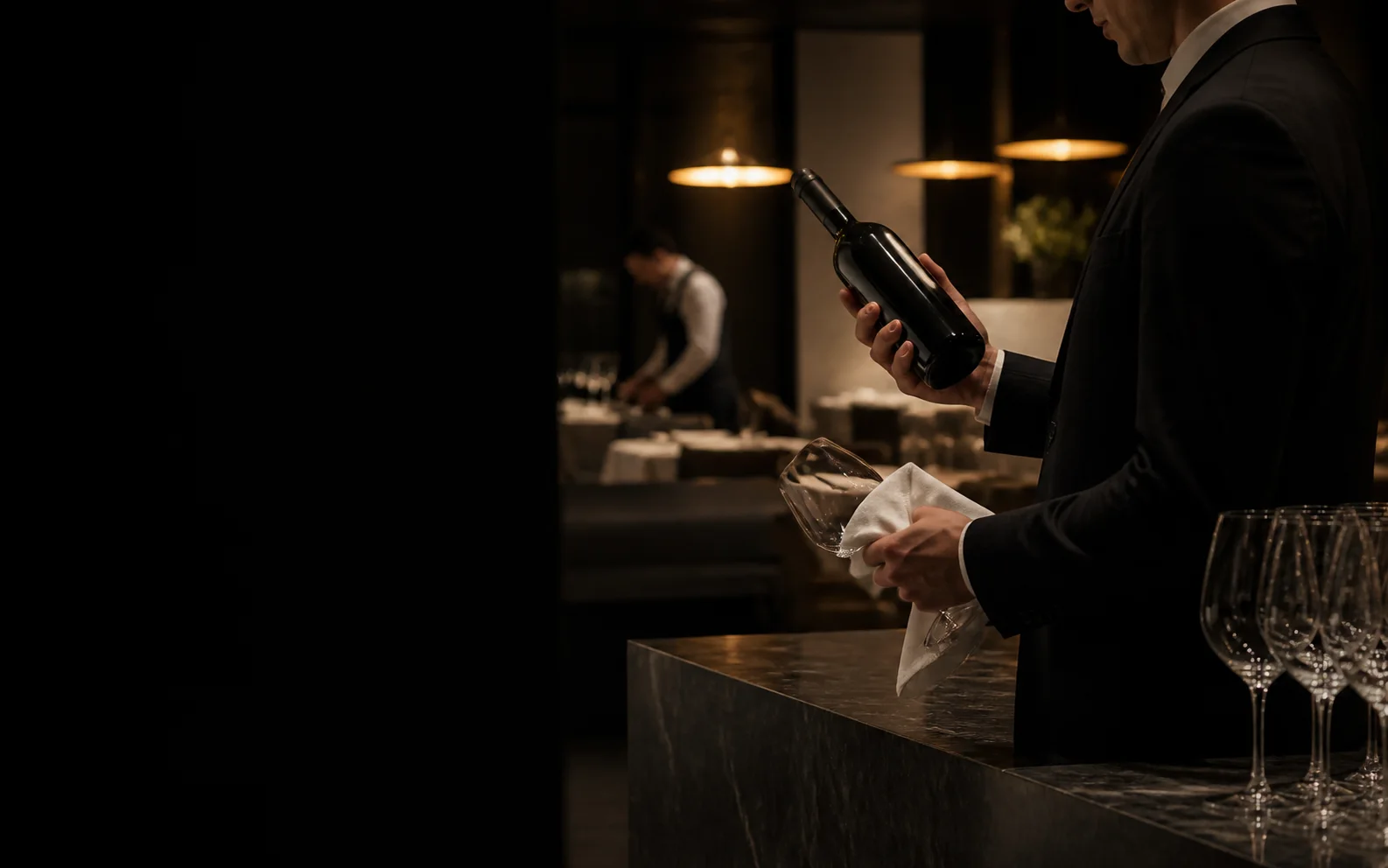 A wine professional checking an unbranded bottle before service